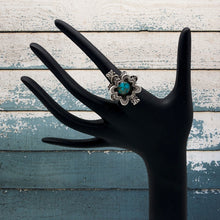 Load image into Gallery viewer, GREGORY SEGURA Santa Fe Sterling Silver &amp; Turquoise 3-D Ring Fancy Stampings 6.5
