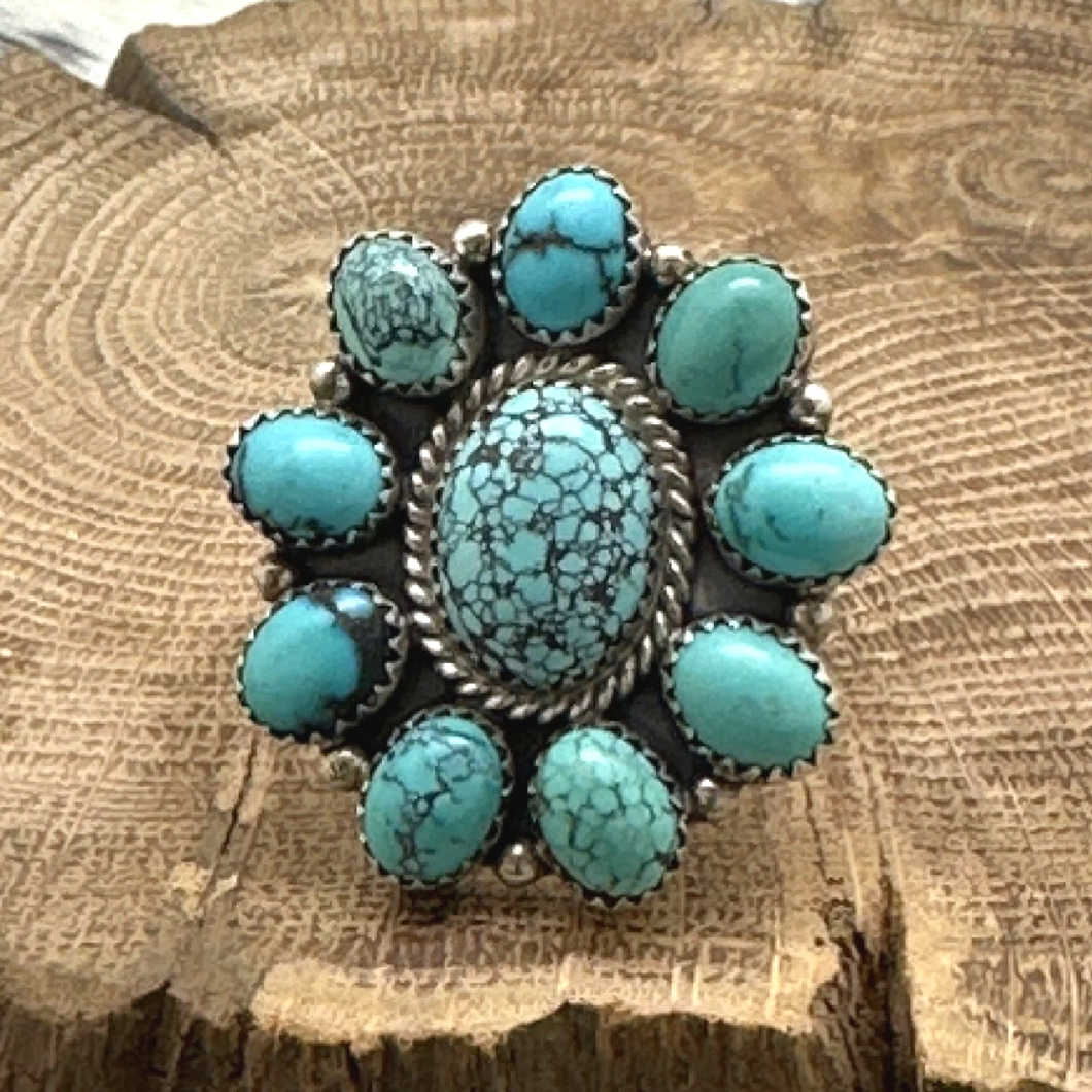 Native American Navajo Sterling & Turquoise Cluster Ring Signed NE Size 7.25