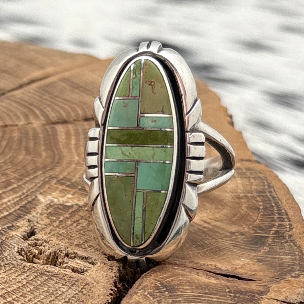 Vintage Native American Sterling Silver Green Turquoise Inlay Ring Signed Danni