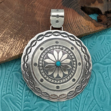 Load image into Gallery viewer, BUFFALO DANCER Taos Pueblo Sterling Silver Turquoise Large Round Concho Pendant
