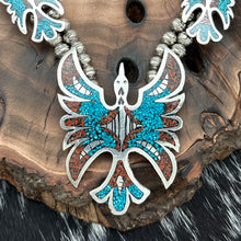Load image into Gallery viewer, 1970s NAVAJO Sterling Silver Turquoise &amp; Coral Chip Inlay Peyote Bird Necklace
