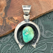 Load image into Gallery viewer, CHIMNEY BUTTE Navajo Sterling Silver &amp; Green Royston Turquoise Naja Pendant
