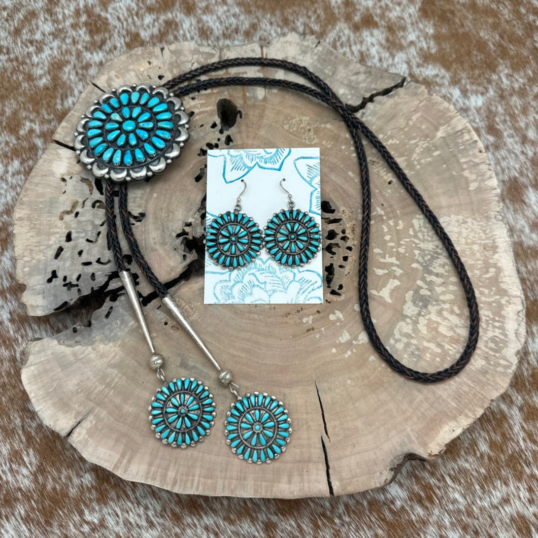 SOUTHWEST STYLE Sterling Bolo Tie & Earrings Set With Navajo Turquoise Clusters