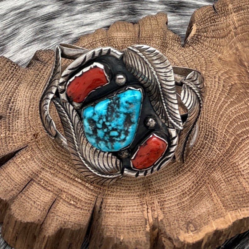 1970s Native American NAVAJO Sterling Turquoise & Branch Coral Cuff Bracelet