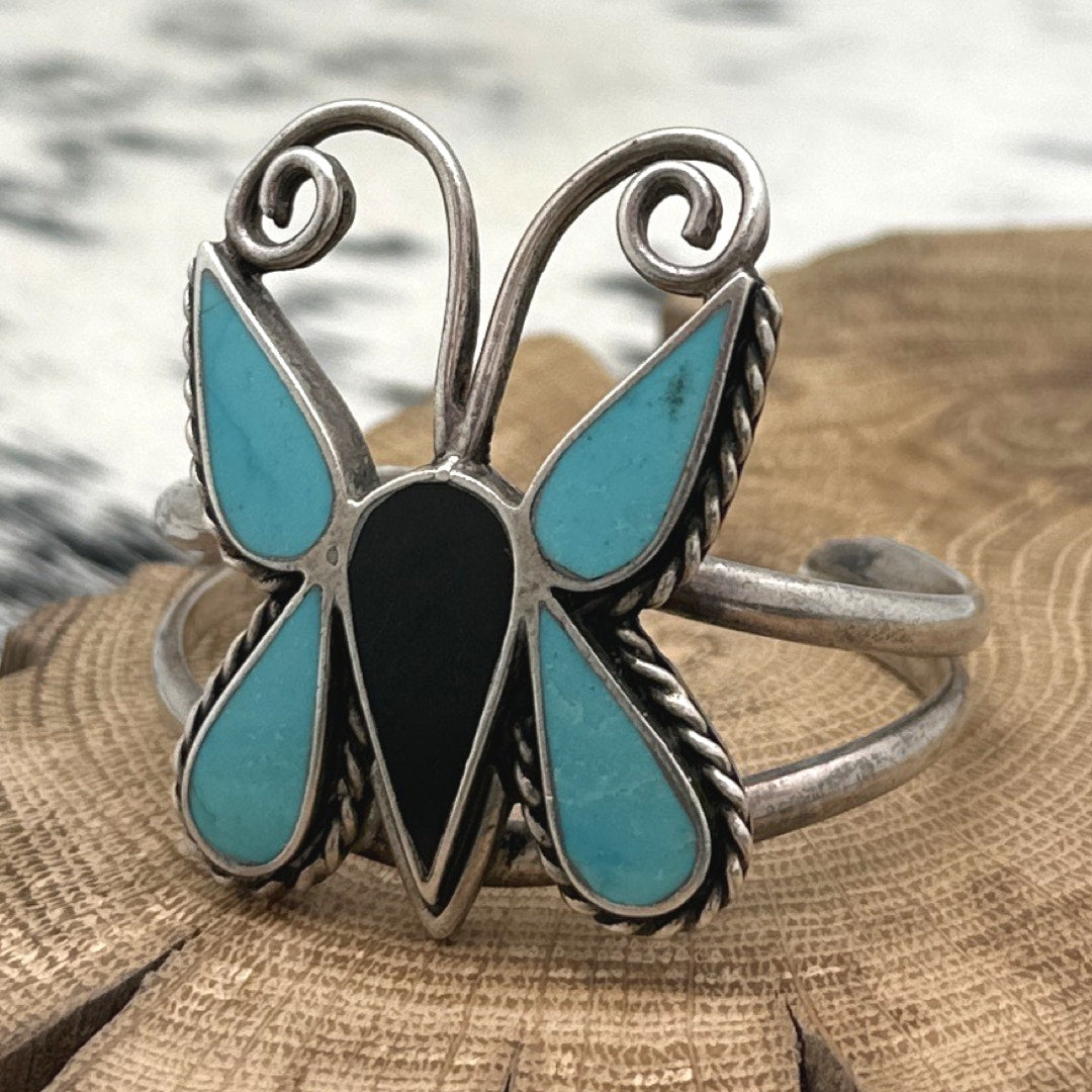1970s Native American ZUNI Sterling Turquoise Onyx Large Butterfly Cuff Bracelet