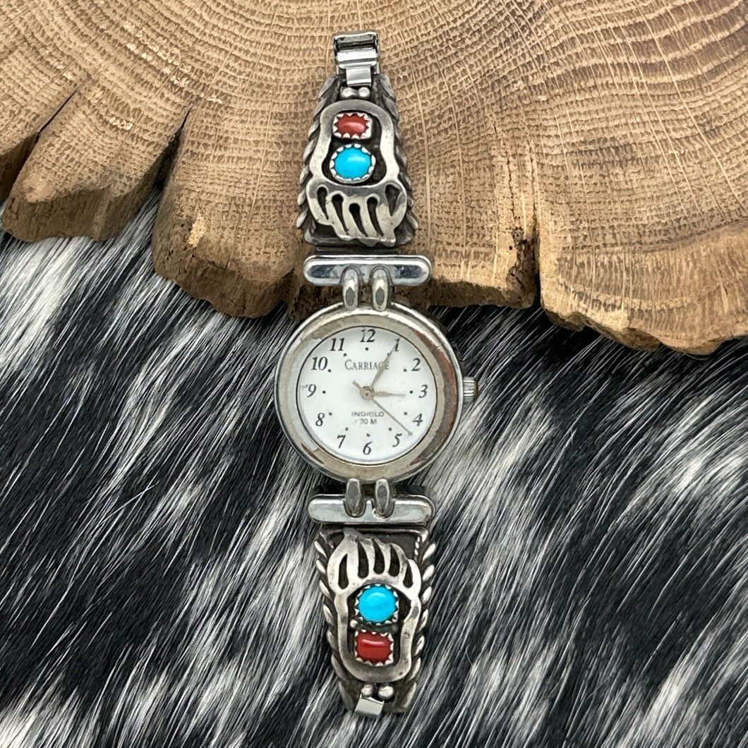 Carriage Watch Featuring 1980s Native American NAVAJO Bear Paw Turquoise Tips