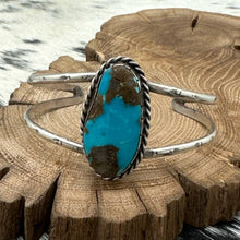 Load image into Gallery viewer, 1970s Native American NAVAJO Sterling Silver &amp; Mine #8 Turquoise Cuff Bracelet
