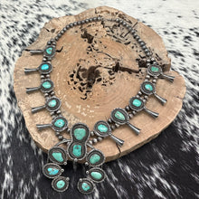Load image into Gallery viewer, 1960s Native American NAVAJO Sterling &amp; Green Turquoise Squash Blossom Necklace

