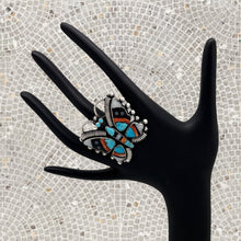 Load image into Gallery viewer, Vintage FEDERICO JIMENEZ Sterling Silver Turquoise Spiny Jet MOP Butterfly Ring
