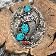Load image into Gallery viewer, 1970s MIKE THOMAS JR Navajo Sterling Turquoise Coral &amp; Claw Belt Buckle Pendant
