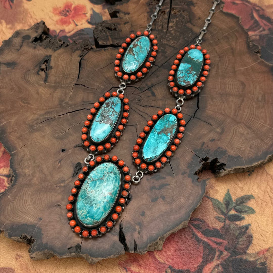 1960s SOUTHWEST STYLE Sterling Silver Chrysocolla & Coral 5 Cluster Necklace