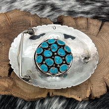 Load image into Gallery viewer, 1970s Native American NAVAJO Sterling Turquoise Coral Cluster Belt Buckle Spins
