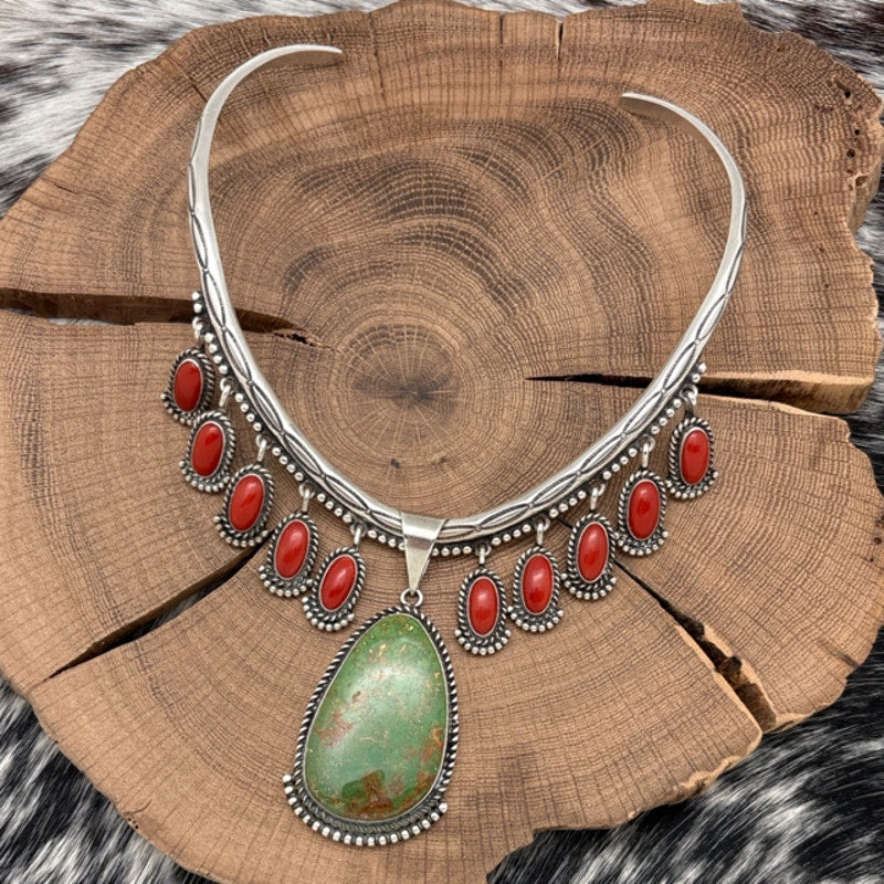 HERMAN SMITH Navajo Sterling & Turquoise Pendant Collar Necklace Coral Drops