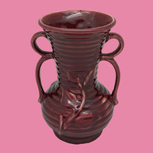 Load image into Gallery viewer, Vintage SHAWNEE POTTERY Burgundy Double Handle Flower Vase 7.5" 1941-1969
