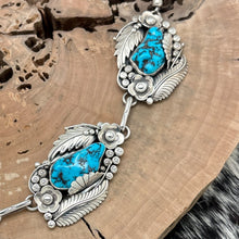 Load image into Gallery viewer, SAM PIASO Navajo Sterling &amp; Morenci Turquoise Station Necklace Flowers Leaves
