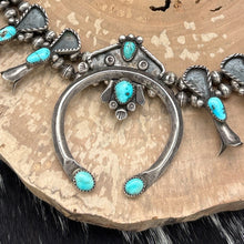 Load image into Gallery viewer, 1930s-1940s NAVAJO Sterling &amp; Turquoise Squash Blossom Necklace Shadowbox Loops
