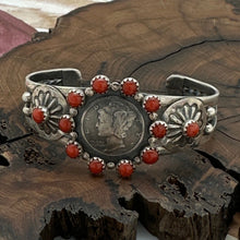 Load image into Gallery viewer, BUFFALO DANCER Taos Pueblo Sterling Silver Coral Cuff Bracelet 1941 Mercury Dime
