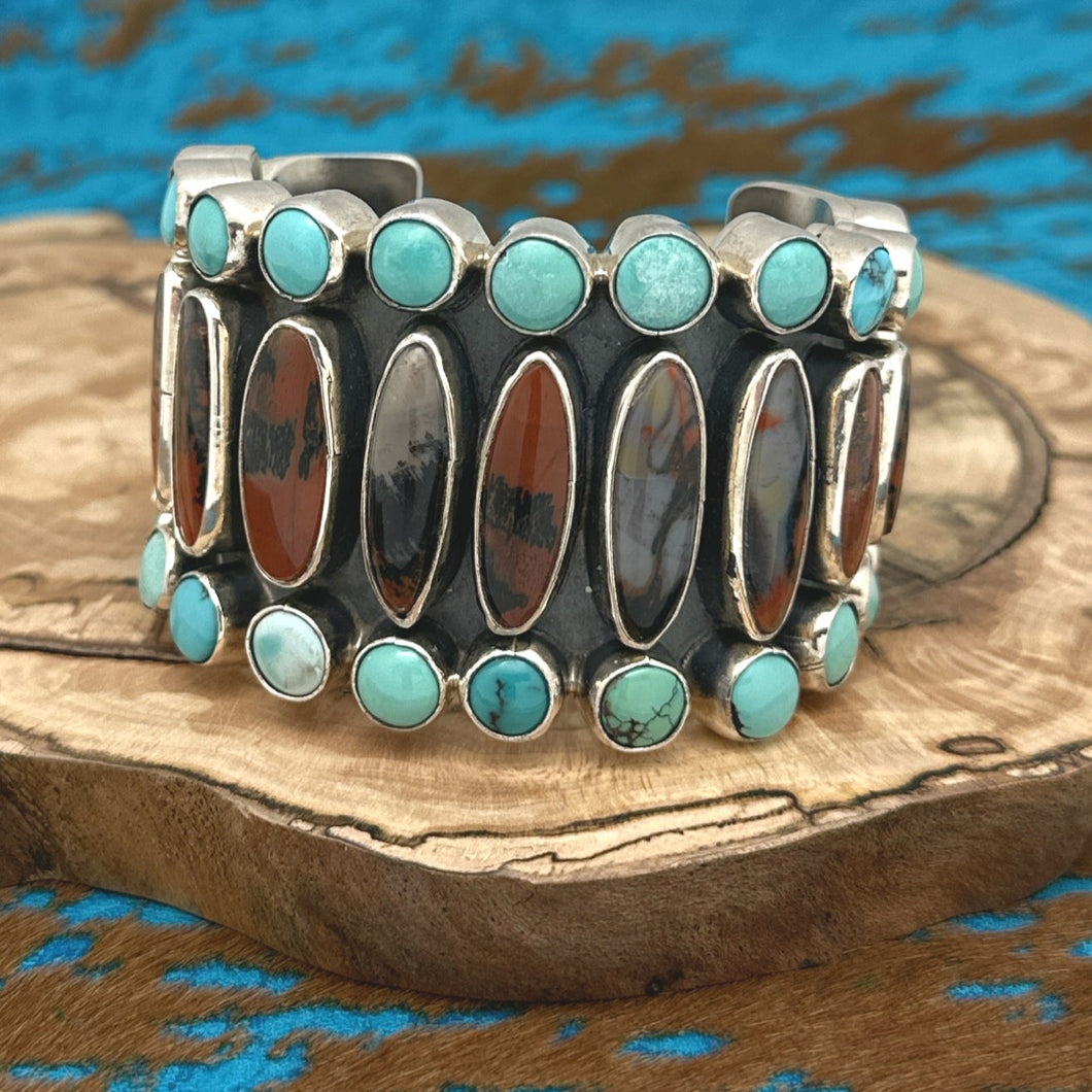 FEDERICO JIMENEZ Sterling Silver Natural Petrified Wood Turquoise Cuff Bracelet