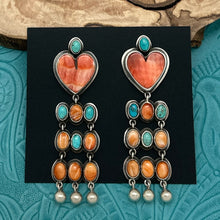 Load image into Gallery viewer, FEDERICO JIMENEZ Sterling Turquoise &amp; Spiny Oyster Shell Heart Dangle Earrings
