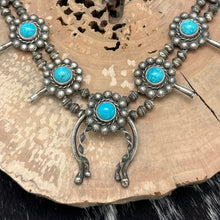 Load image into Gallery viewer, 1960s Native American NAVAJO Sterling &amp; Turquoise Squash Blossom Floral Necklace
