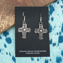 Load image into Gallery viewer, Native American NAVAJO Sterling Silver Cross Dangle Earrings With Zig Zag Design
