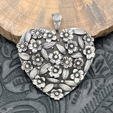 Load image into Gallery viewer, THE BOYZ SILVER Mexico Sterling Silver Heart Shaped Pendant 3-D Flowers &amp; Leaves
