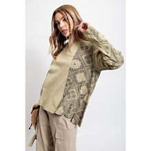 Load image into Gallery viewer, EASEL CLOTHING Mineral Washed Bandana/Paisley Print Mix Cotton Knit Top In Sage
