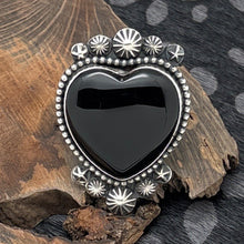 Load image into Gallery viewer, ROSELLA PAXTON Navajo Sterling Silver &amp; Onyx Large Heart Ring Starshots Size 9
