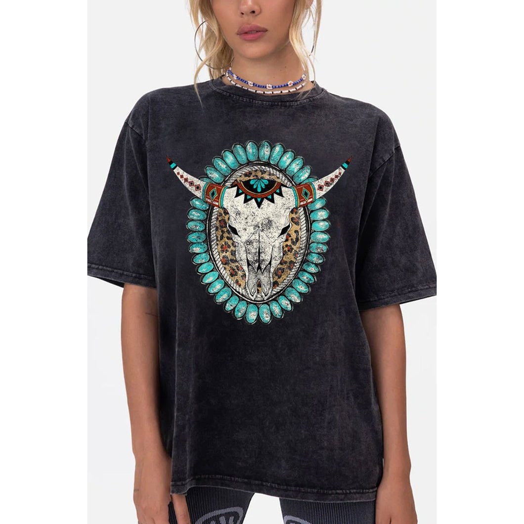 HRT & LUV Boho Cow Skull Western Oversized Top Graphic Tee In Mineral Black