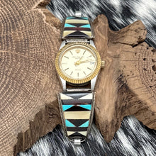 Load image into Gallery viewer, 1980s NATIVE AMERICAN Multi-Stone Inlay Watch Tips Jules Jurgensen Case &amp; Band
