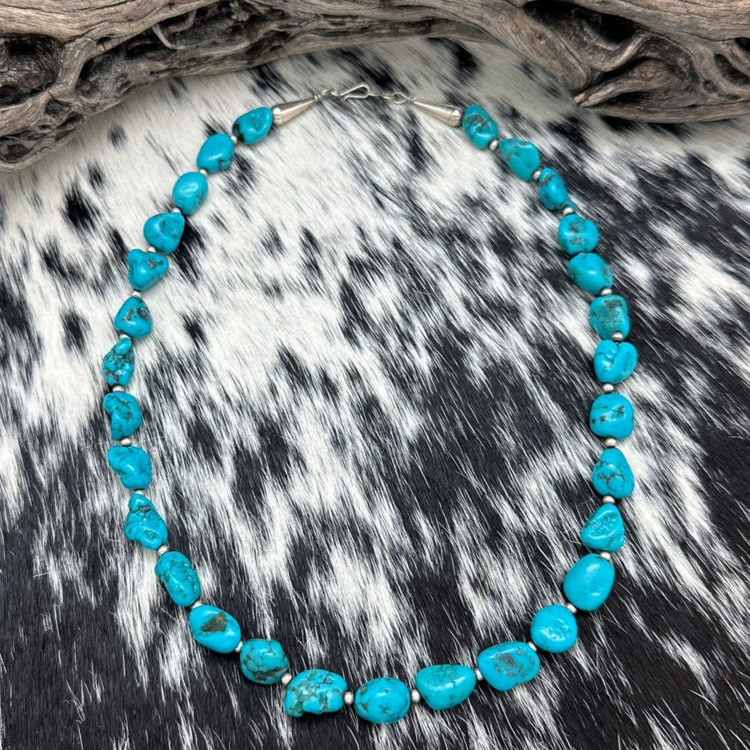 1980s Native American Sterling Silver & Brilliant Blue Turquoise Nugget Necklace