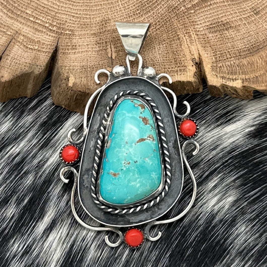 1960s Native American NAVAJO Sterling Turquoise Coral Shadowbox Pendant Scrolls