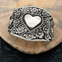 Load image into Gallery viewer, THE BOYZ SILVER Mexico Sterling Silver Cuff Bracelet Sacred Hearts &amp; 3-D Flowers
