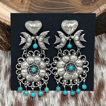 Load image into Gallery viewer, FEDERICO JIMENEZ Sterling Silver &amp; Turquoise Earrings Hearts Flowers Love Birds
