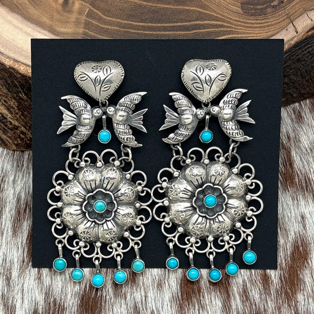 FEDERICO JIMENEZ Sterling Silver & Turquoise Earrings Hearts Flowers Love Birds