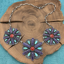 Load image into Gallery viewer, BETTY TOM Navajo Sterling Charoite Turquoise Spiny 3-Station Flower Necklace
