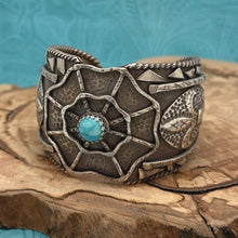 Load image into Gallery viewer, JEWELRY BY WENDYLEA Sterling &amp; Turquoise Cuff Bracelet Spiderweb Fleur De Lis
