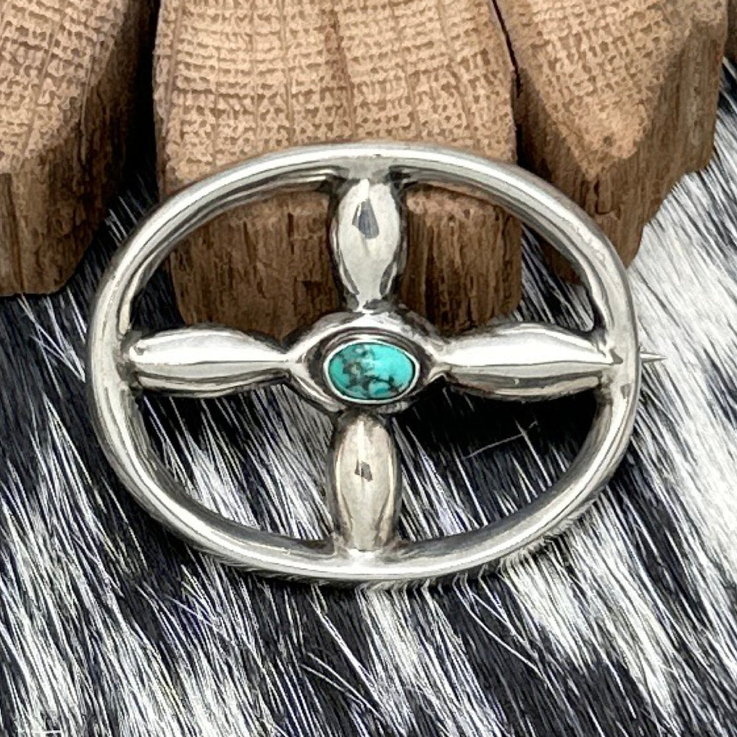 1980s Native American NAVAJO Solid Sterling Silver & Turquoise Oval Pin 4 Parts