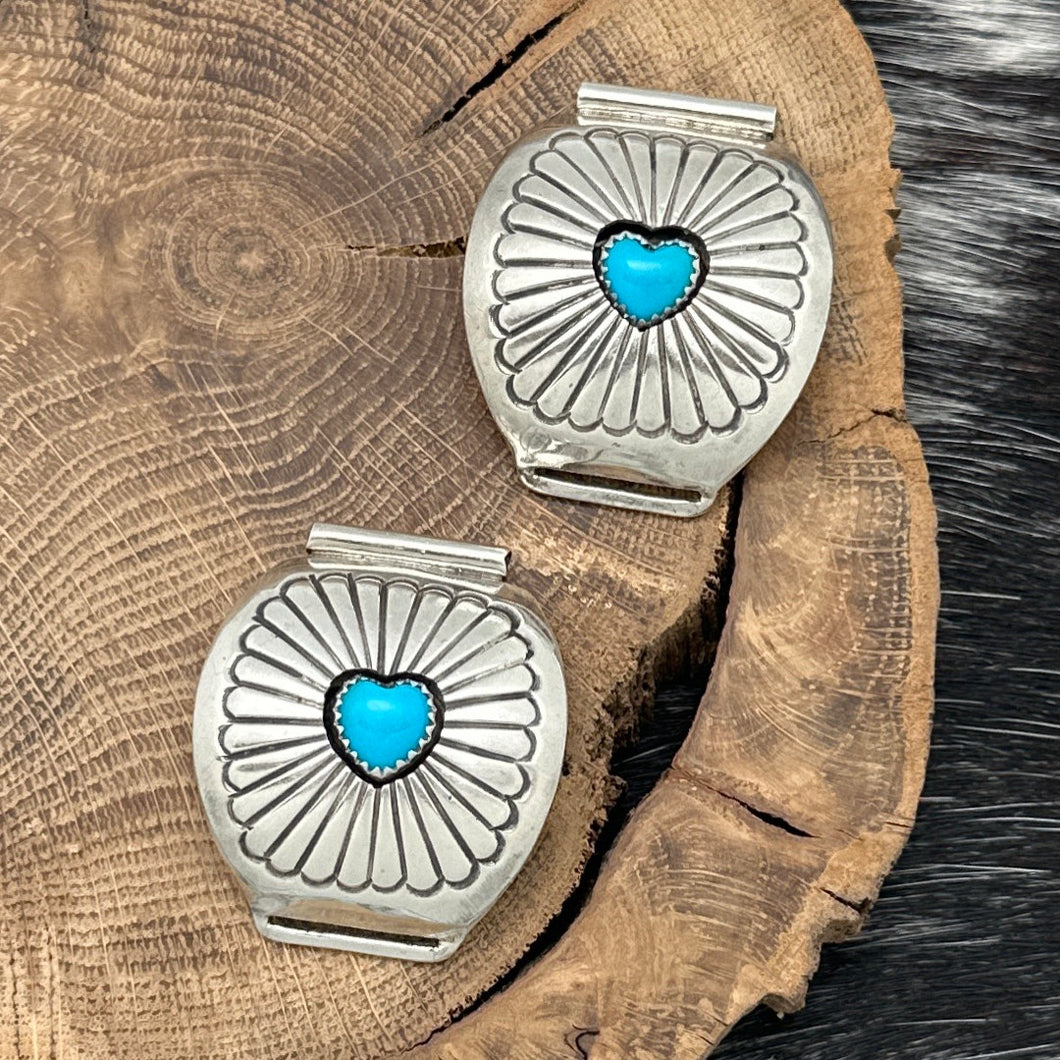 1980s Native American NAVAJO Sterling & Turquoise Heart Shadowbox Watch Tips