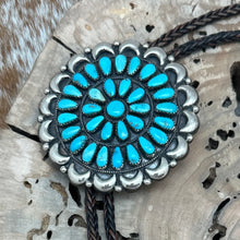 Load image into Gallery viewer, SOUTHWEST STYLE Sterling Bolo Tie &amp; Earrings Set With Navajo Turquoise Clusters
