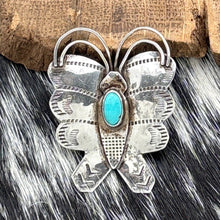 Load image into Gallery viewer, 1960s Native American NAVAJO Sterling Silver &amp; Turquoise Petite Butterfly Pin
