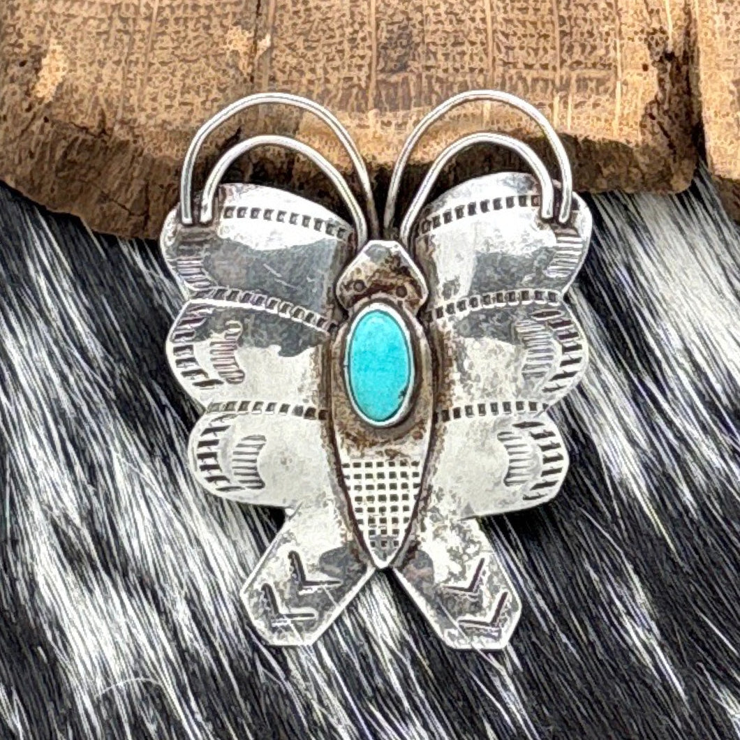 1960s Native American NAVAJO Sterling Silver & Turquoise Petite Butterfly Pin