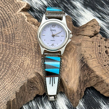 Load image into Gallery viewer, 1980s CHARLES WILLIE Navajo Multi-Stone Inlay Watch Tips With Linel Case &amp; Band
