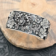 Load image into Gallery viewer, THE BOYZ SILVER Mexico Sterling Silver Cuff Bracelet Butterflies &amp; 3-D Flowers
