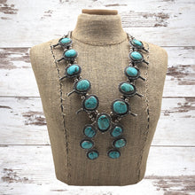 Load image into Gallery viewer, 1970s Native American NAVAJO Sterling &amp; Turquoise Large Squash Blossom Necklace
