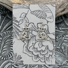 Load image into Gallery viewer, SOM&#39;S BALI Sterling Silver Owl Dangle Earrings Scrollwork &amp; Black Beaded Eyes
