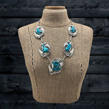 Load image into Gallery viewer, SAM PIASO Navajo Sterling &amp; Morenci Turquoise Station Necklace Flowers Leaves
