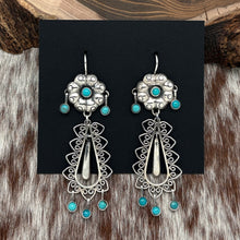 Load image into Gallery viewer, FEDERICO JIMENEZ Sterling &amp; Turquoise Flower Earrings Teardrop Dangles Hearts
