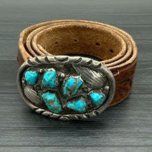 Load image into Gallery viewer, 1970s ANGELITA CHEAMA Zuni Sterling &amp; Turquoise Belt Buckle Tooled Leather Belt
