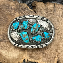 Load image into Gallery viewer, 1970s ANGELITA CHEAMA Zuni Sterling &amp; Turquoise Belt Buckle Tooled Leather Belt
